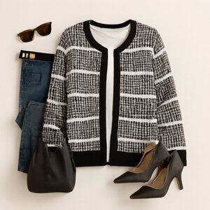 Keren Hart Vintage-Inspired Black & White Textured Cardigan - Size L